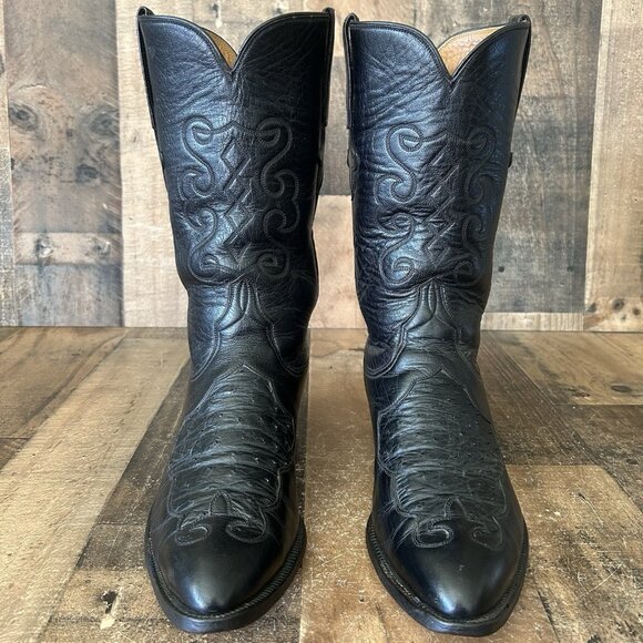 Lucchese San Antonio Vintage Ostrich Inlay Black Cowboy Boots Mens 10.5 D - Picture 3 of 12